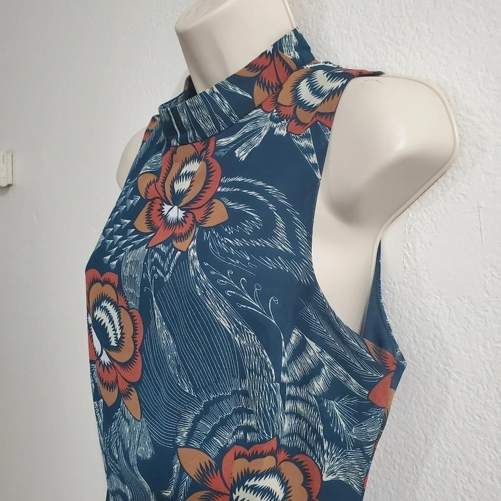 AAKAA Blue Sleeveless High Neck Floral Dress Size M - Picture 2 of 8